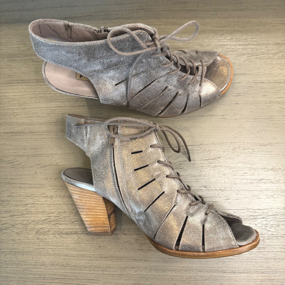 Paul Green Women 7.5 UK 5 Metallic Pewter Leather Lace Up Peep Toe Bootie Sandal